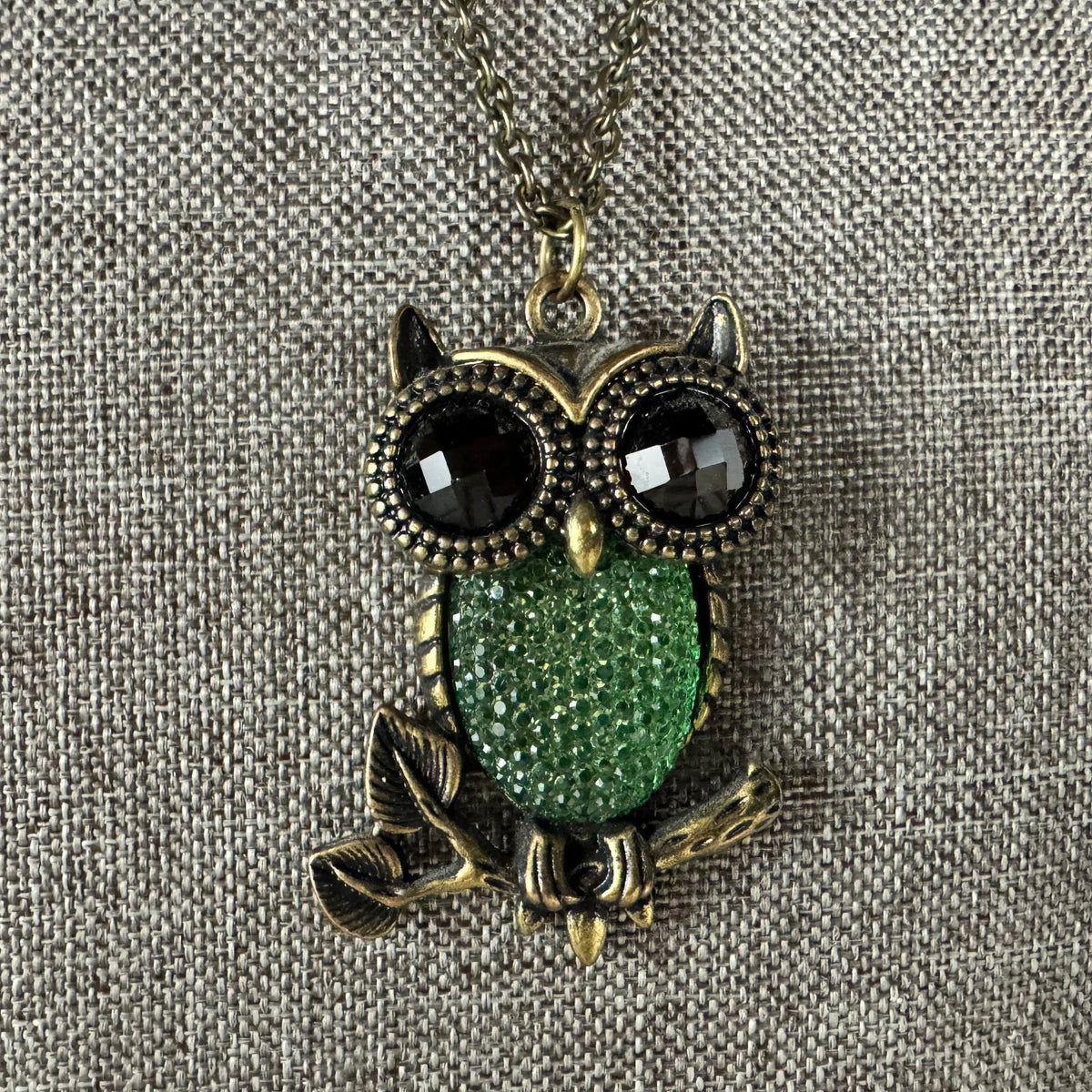 Vintage Crystal Owl Pendant on Brass Chain