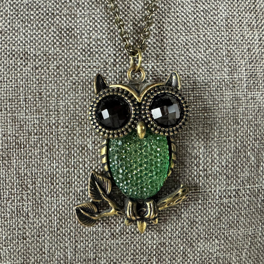 Vintage Crystal Owl Pendant on Brass Chain
