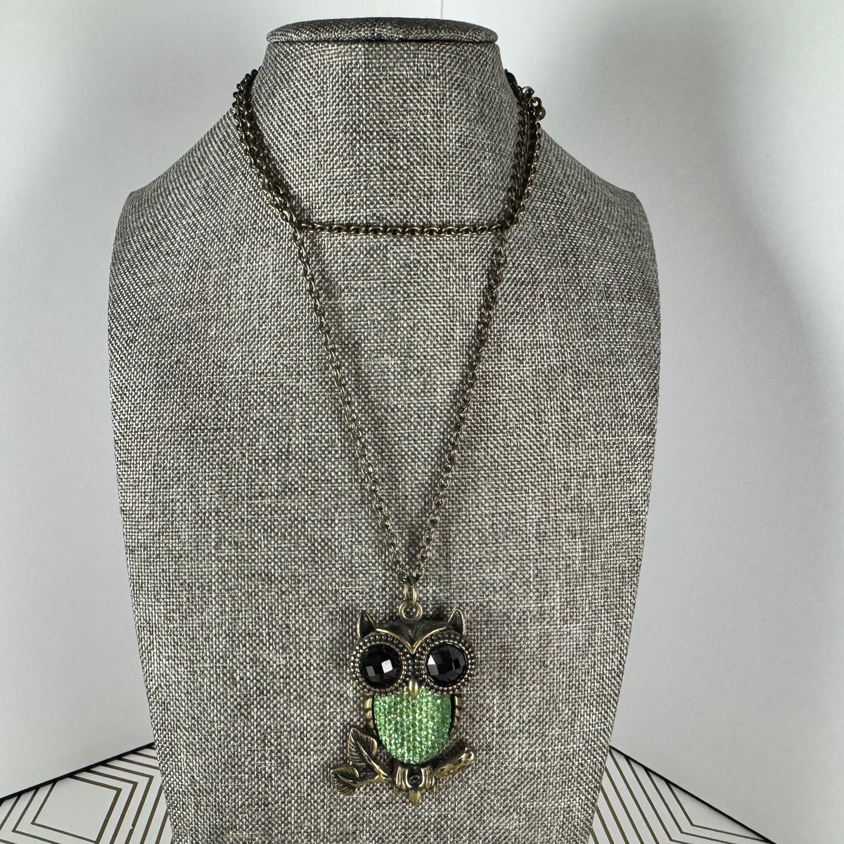 Vintage Crystal Owl Pendant on Brass Chain