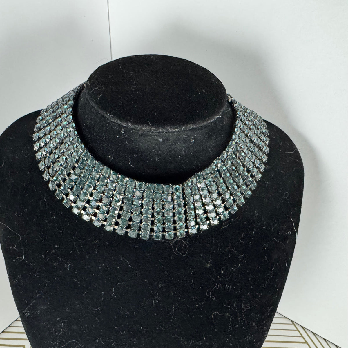 Vintage Teal Blue Rhinestone Choker in Gunmetal Black Metal