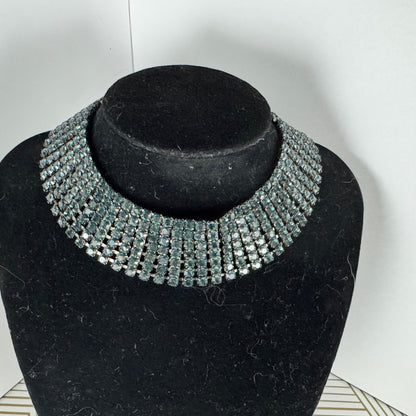 Vintage Teal Blue Rhinestone Choker in Gunmetal Black Metal