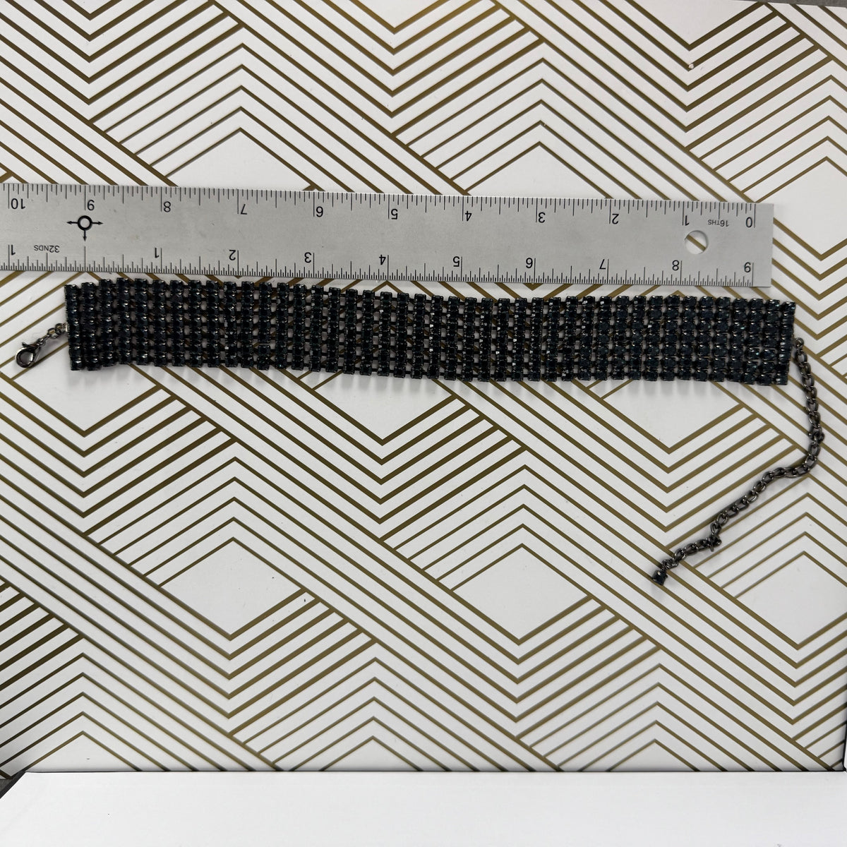 Vintage Teal Blue Rhinestone Choker in Gunmetal Black Metal