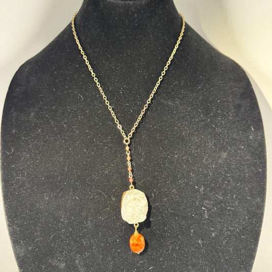 Gold-filled Lariat Necklace with White Druzy Quartz and Orange Stone Drop.