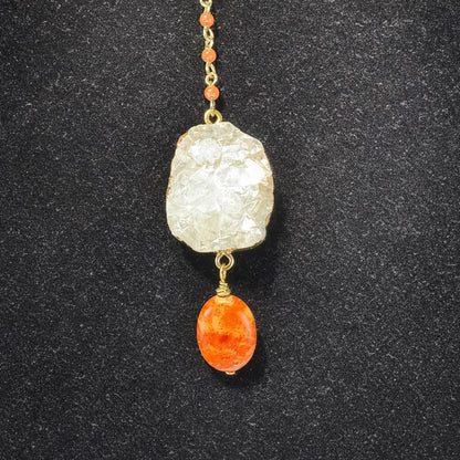 Gold-filled Lariat Necklace with White Druzy Quartz and Orange Stone Drop.