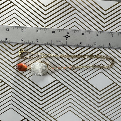 Gold-filled Lariat Necklace with White Druzy Quartz and Orange Stone Drop.