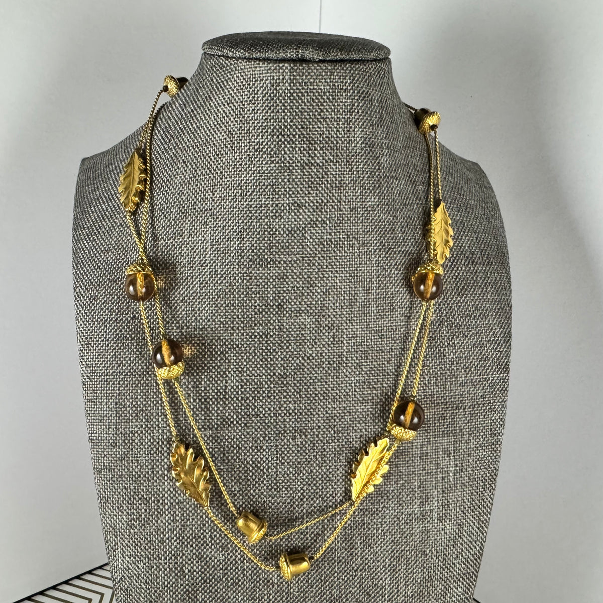 Gold-filled Station Autumn Necklace with Faux Amber Beads Acorn and Leaves