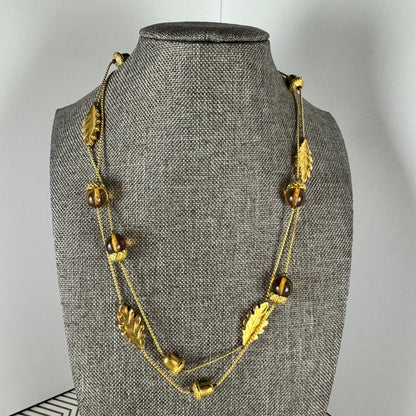 Gold-filled Station Autumn Necklace with Faux Amber Beads Acorn and Leaves