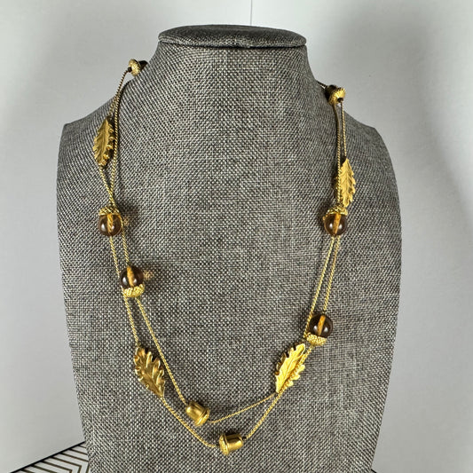 Gold-filled Station Autumn Necklace with Faux Amber Beads Acorn and Leaves