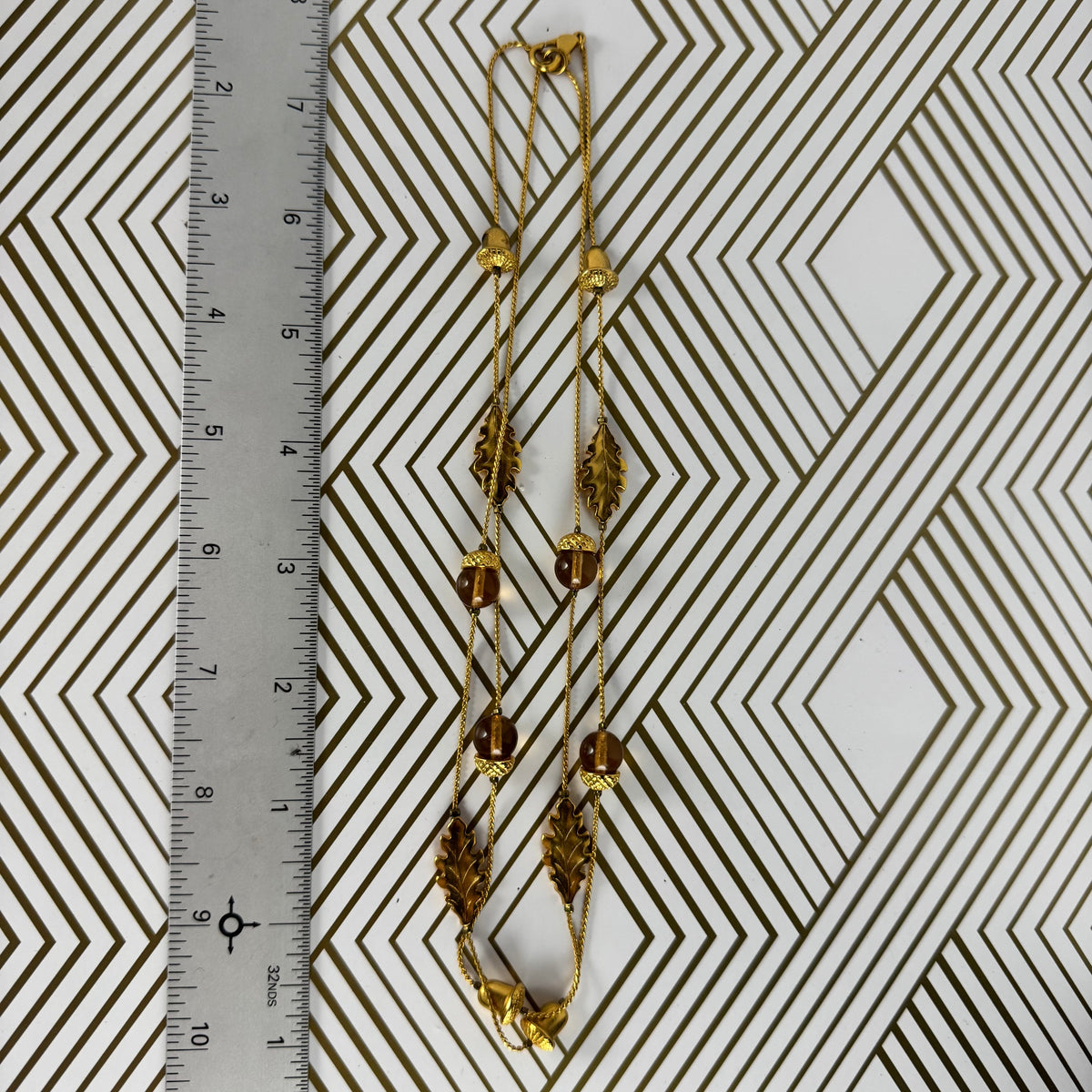 Gold-filled Station Autumn Necklace with Faux Amber Beads Acorn and Leaves