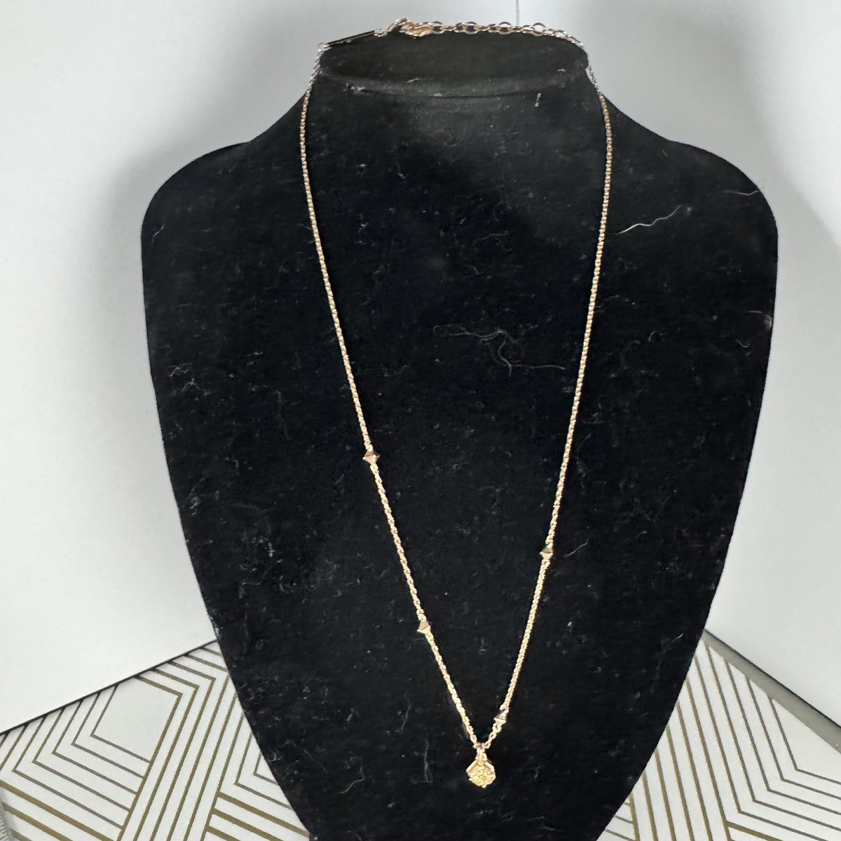 Rose-gold Station Necklace with Pink Druzy Quartz Pendant