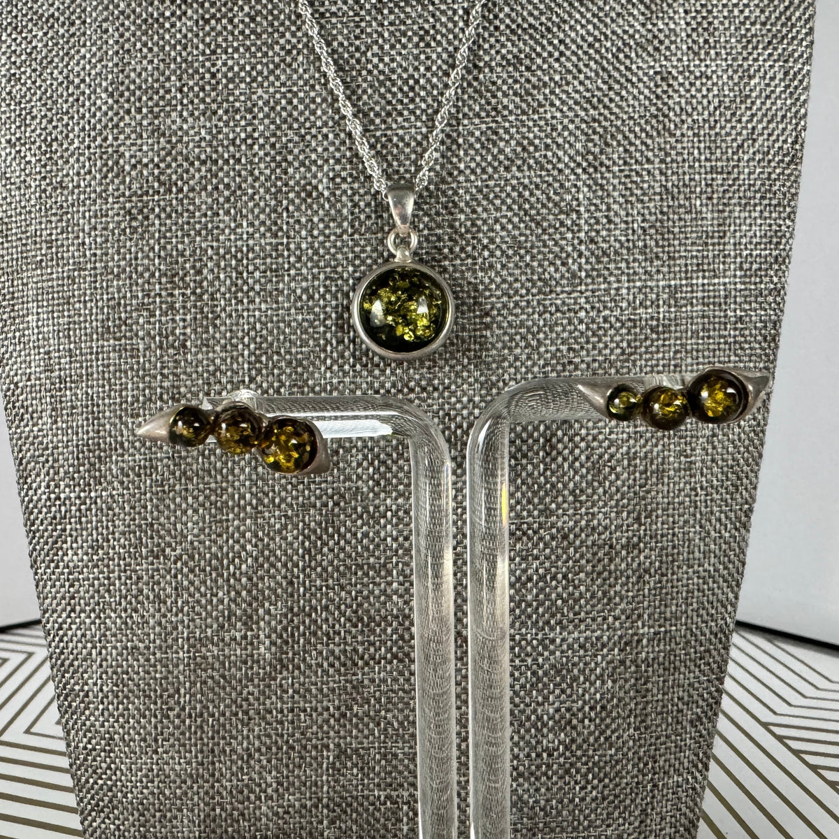 Dark Green Amber in Silver Necklace, Pendant and Earrings Set