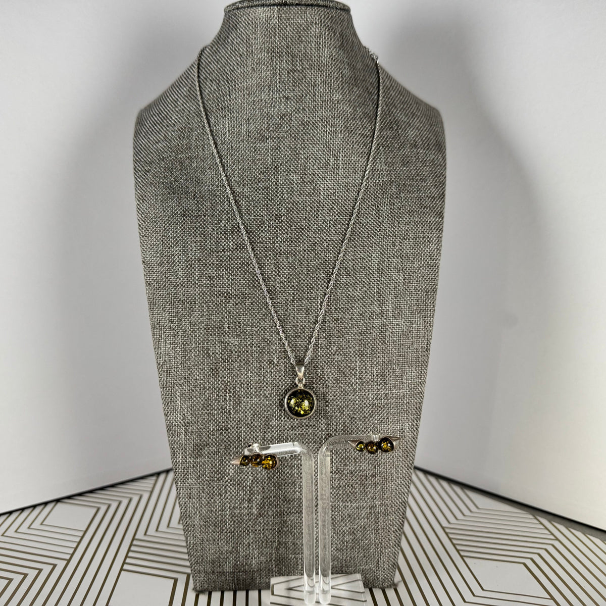 Dark Green Amber in Silver Necklace, Pendant and Earrings Set