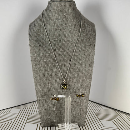 Dark Green Amber in Silver Necklace, Pendant and Earrings Set