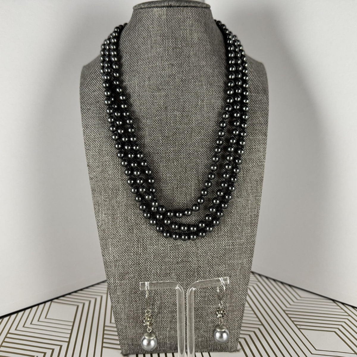 Black Faux Pearl Long Necklace with Drop Earrings Set