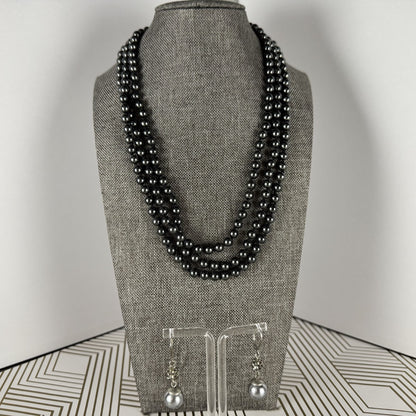 Black Faux Pearl Long Necklace with Drop Earrings Set