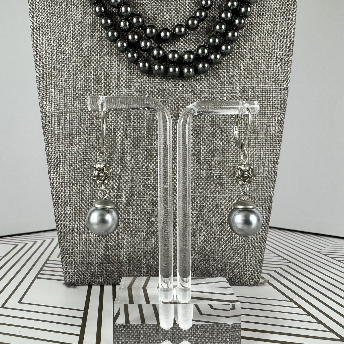 Black Faux Pearl Long Necklace with Drop Earrings Set