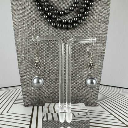 Black Faux Pearl Long Necklace with Drop Earrings Set