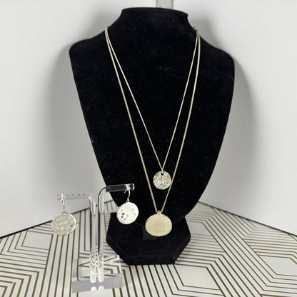 Kenneth Cole 2 Layer Textured Hammered Pendant Necklace with Matching Earrings Silver Tone