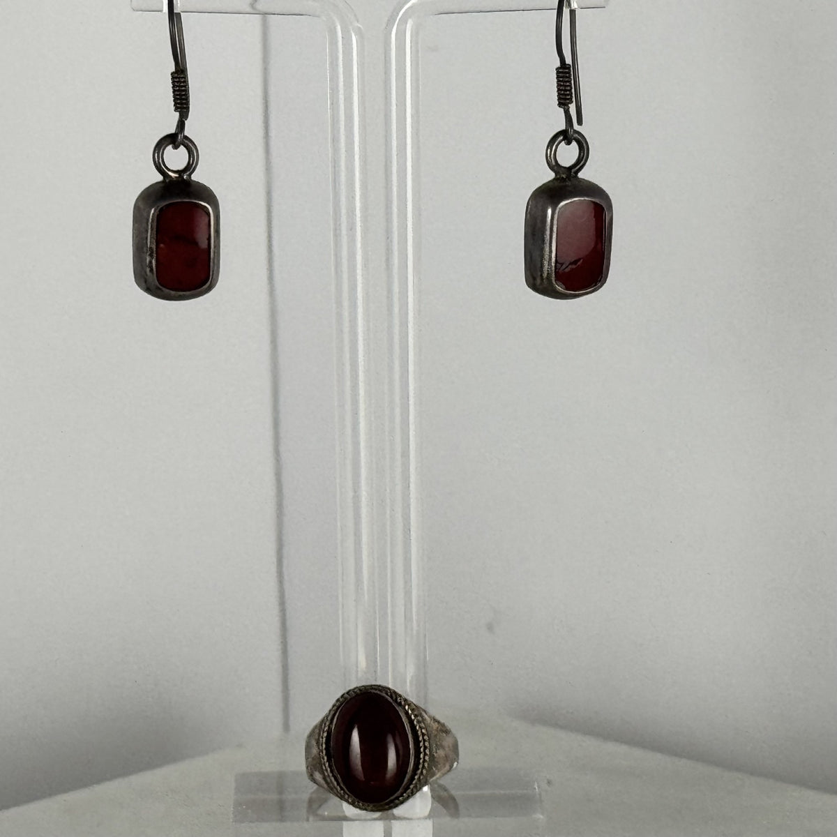 Carnelian Cabochon Sterling Silver Ring and Earrings Set. Size 7.