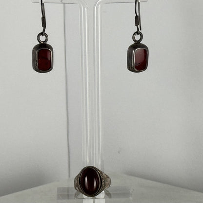 Carnelian Cabochon Sterling Silver Ring and Earrings Set. Size 7.