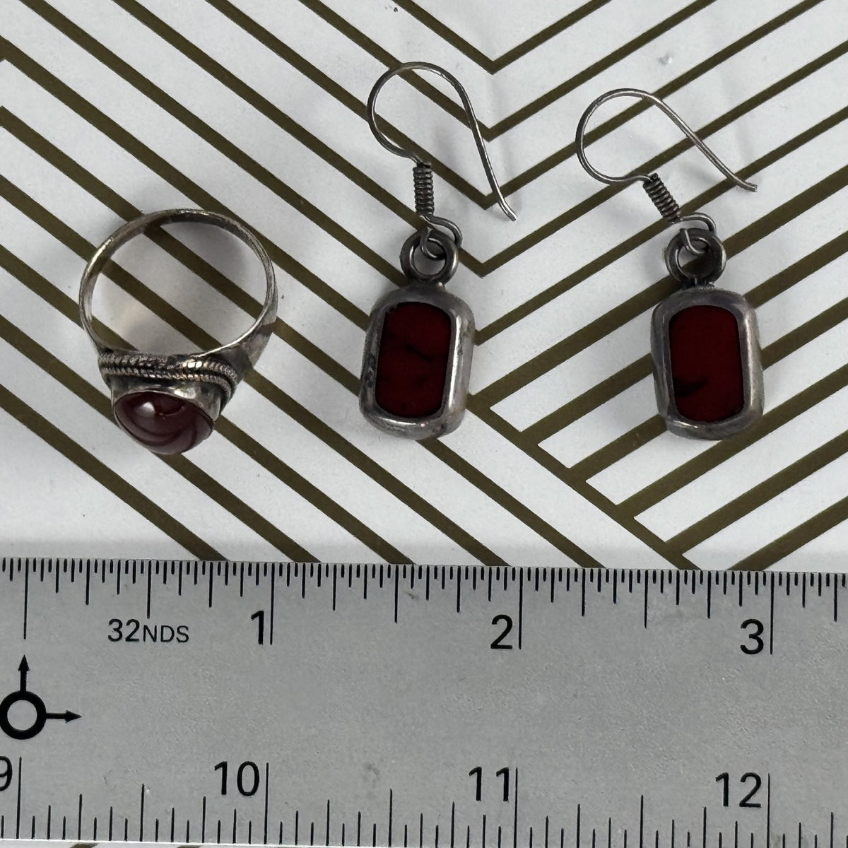 Carnelian Cabochon Sterling Silver Ring and Earrings Set. Size 7.
