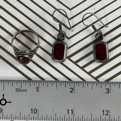 Carnelian Cabochon Sterling Silver Ring and Earrings Set. Size 7.