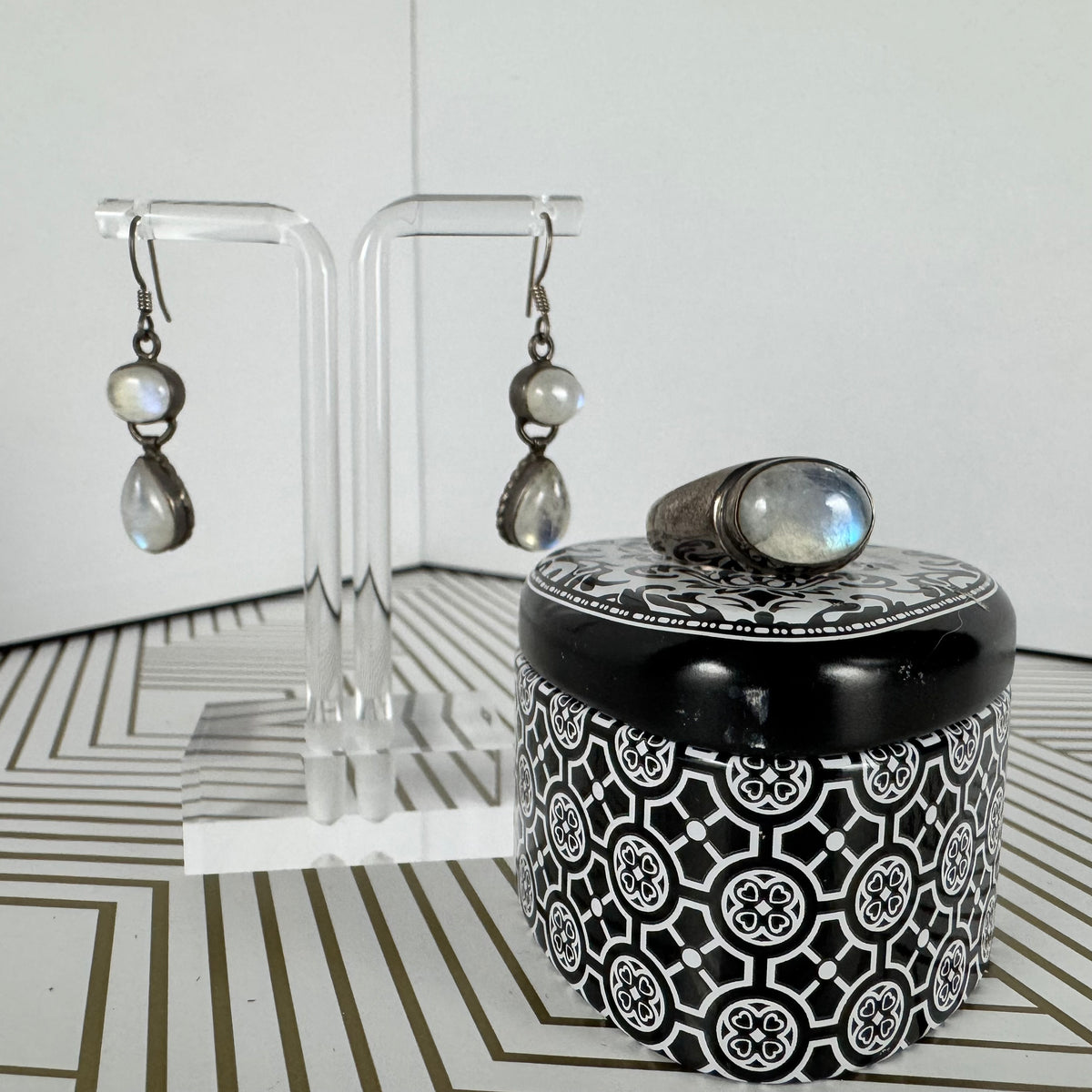 Sterling Silver Moonstone Drop Earrings and Matching Ring. Size 8.