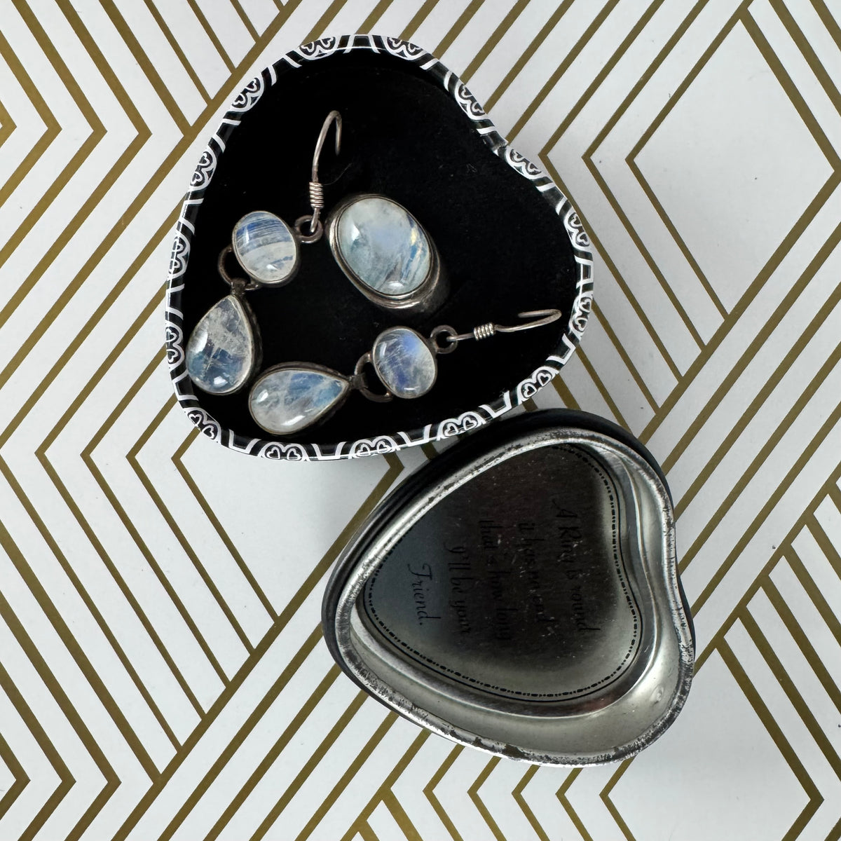 Sterling Silver Moonstone Drop Earrings and Matching Ring. Size 8.