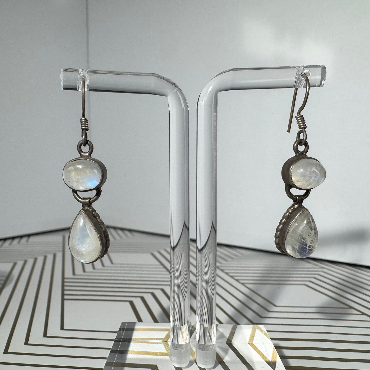 Sterling Silver Moonstone Drop Earrings and Matching Ring. Size 8.