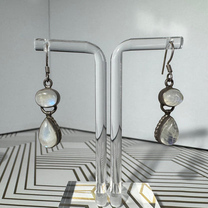 Sterling Silver Moonstone Drop Earrings and Matching Ring. Size 8.