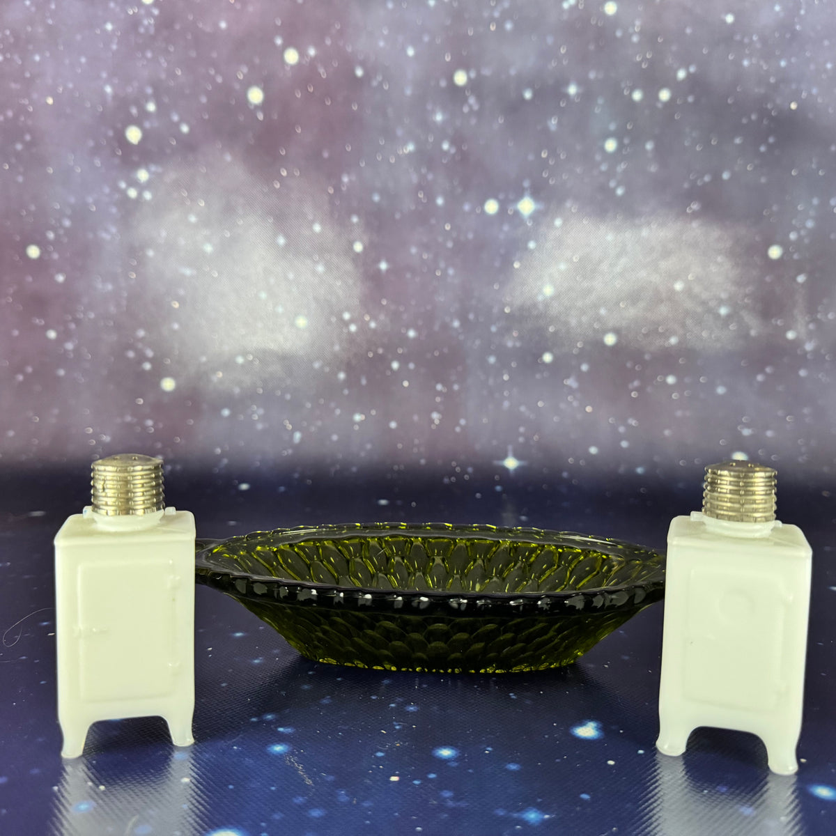 Antique Green Glass Butter Dish and Icebox Salt and Pepper Shakers