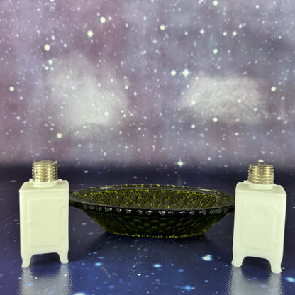 Antique Green Glass Butter Dish and Icebox Salt and Pepper Shakers