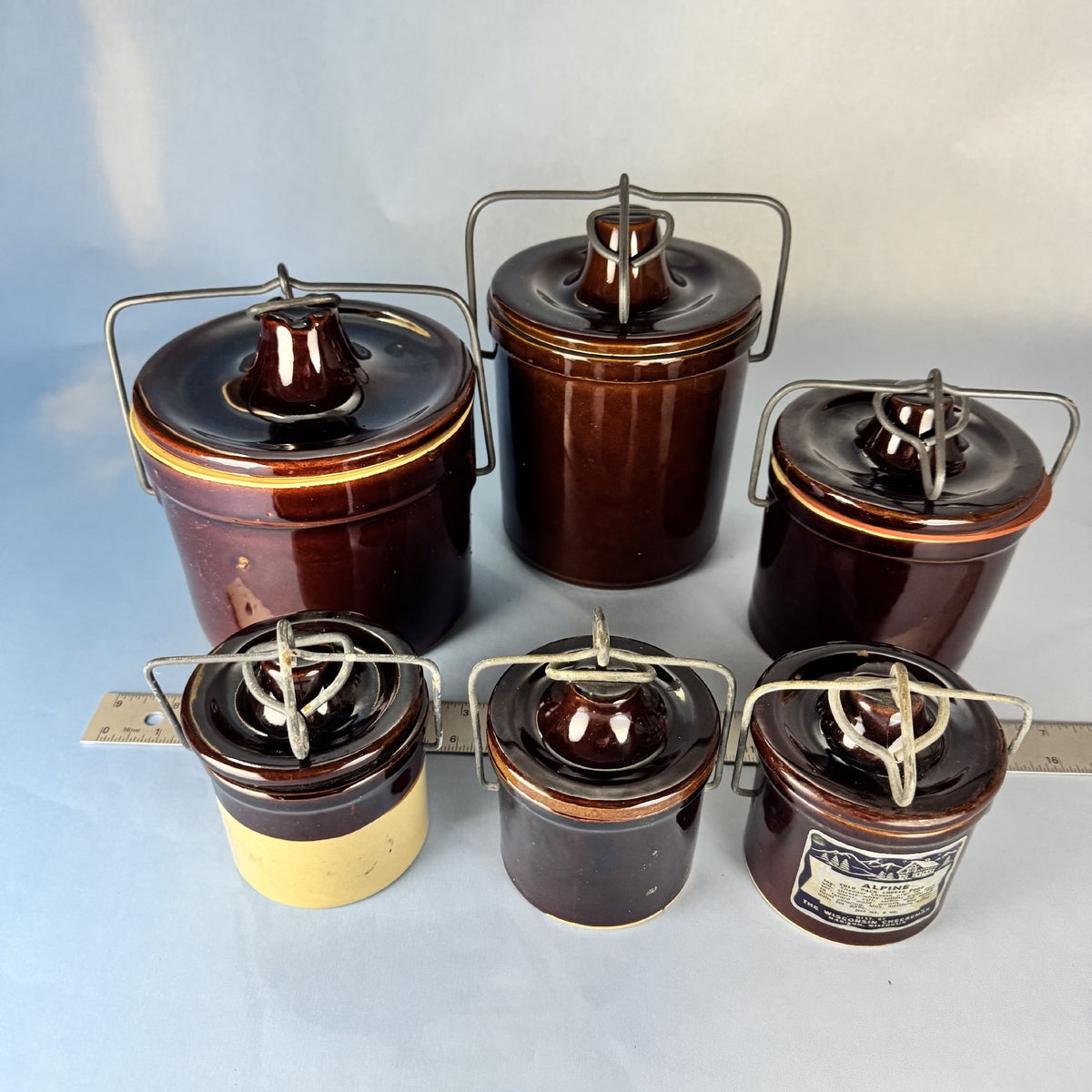 Set of Vintage Lidded Ceramic Crocks. Set of 6