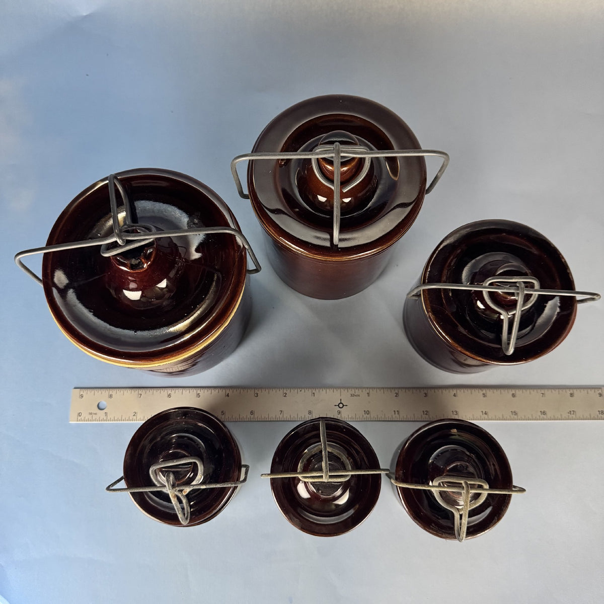 Set of Vintage Lidded Ceramic Crocks. Set of 6