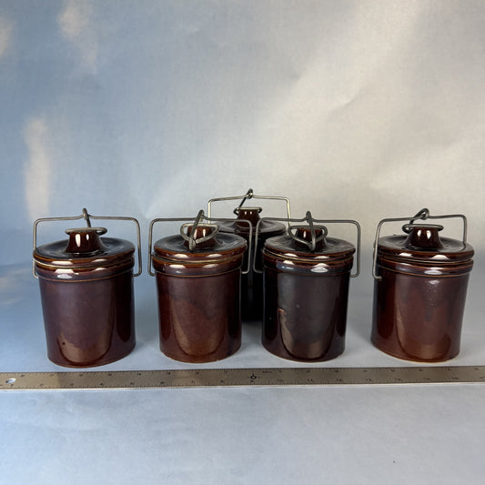 Set of Vintage Lidded Ceramic Crocks. Set of 5