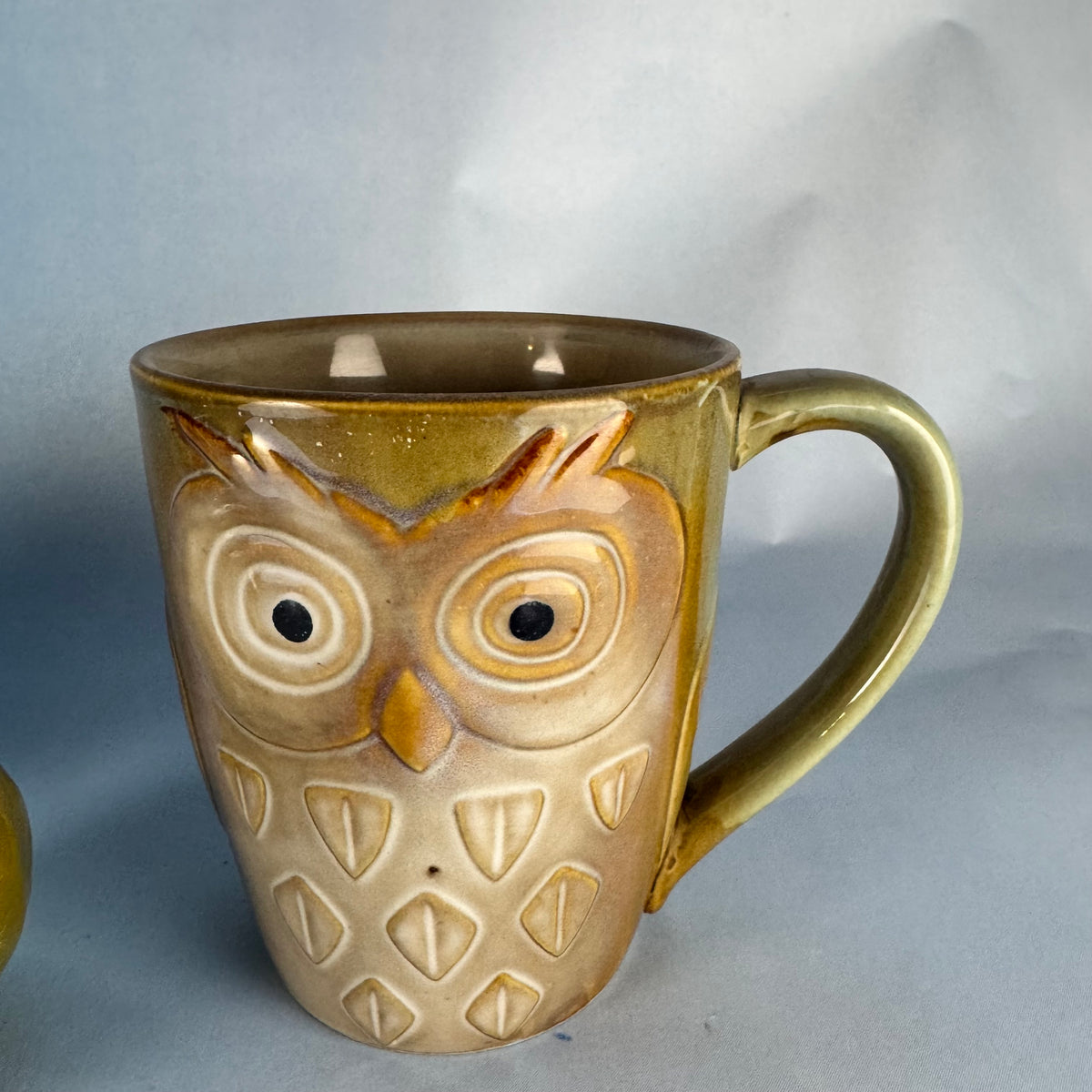Pair of Ceramic Owl Coffee Mugs with Owl Figurine