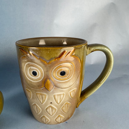 Pair of Ceramic Owl Coffee Mugs with Owl Figurine