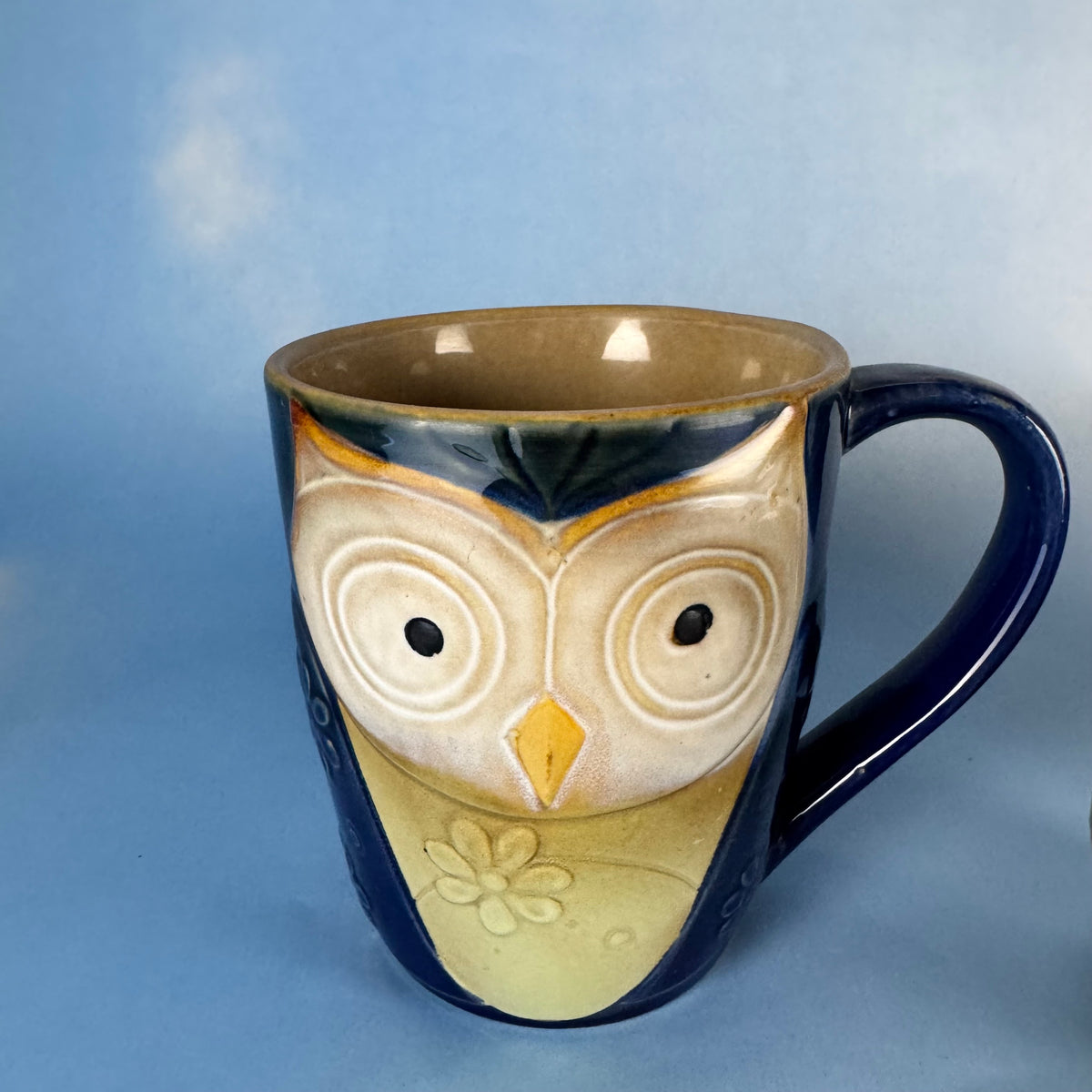 Pair of Ceramic Owl Coffee Mugs with Owl Figurine