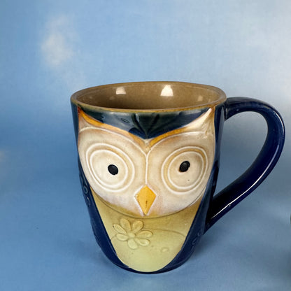 Pair of Ceramic Owl Coffee Mugs with Owl Figurine