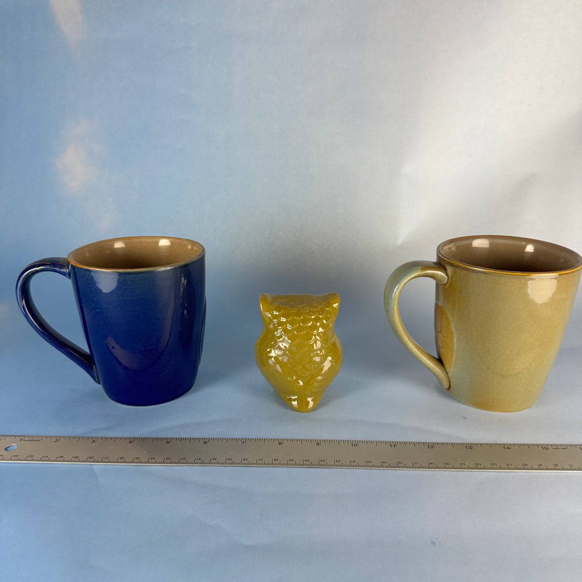 Pair of Ceramic Owl Coffee Mugs with Owl Figurine