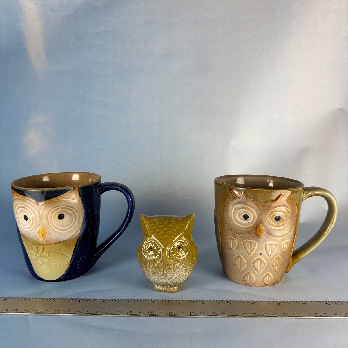 Pair of Ceramic Owl Coffee Mugs with Owl Figurine