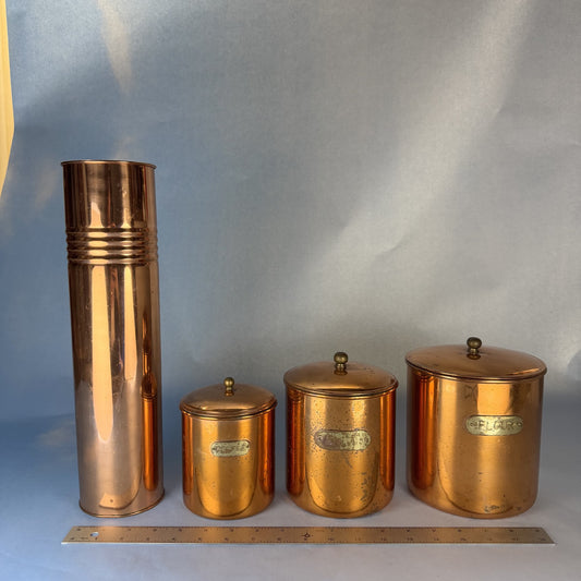 Set of Four Copper Cannisters for Coffee, Sugar, Tea and Spoons