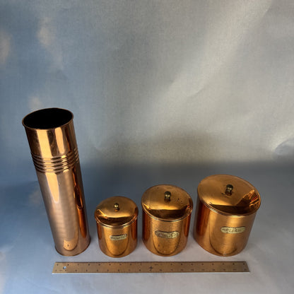 Set of Four Copper Cannisters for Coffee, Sugar, Tea and Spoons