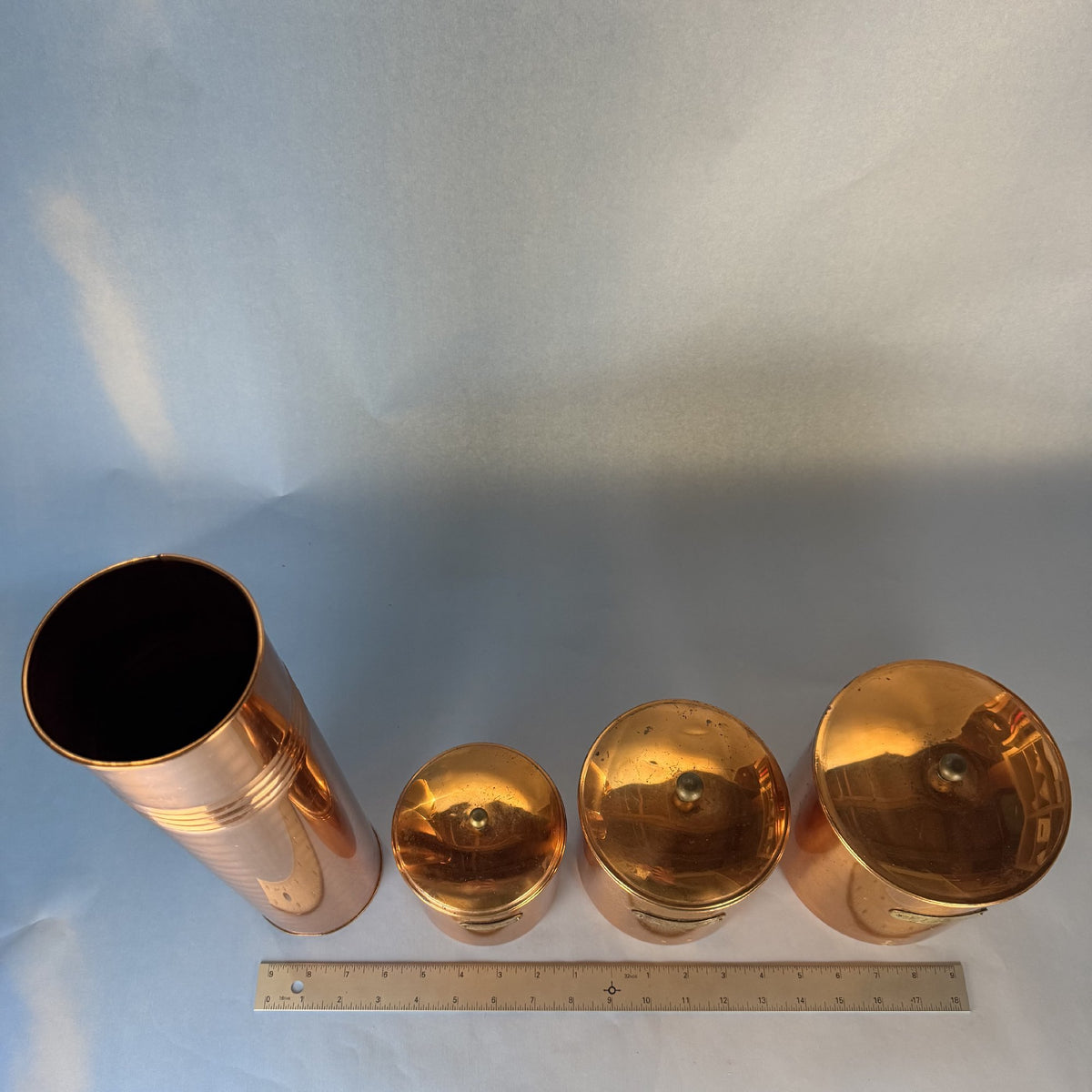 Set of Four Copper Cannisters for Coffee, Sugar, Tea and Spoons