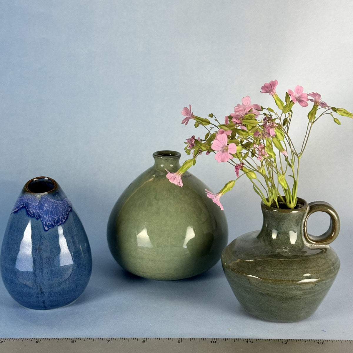 Trio of Mini Glazed Handmade Bud Vases in Blue and Green