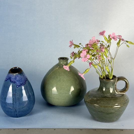 Trio of Mini Glazed Handmade Bud Vases in Blue and Green