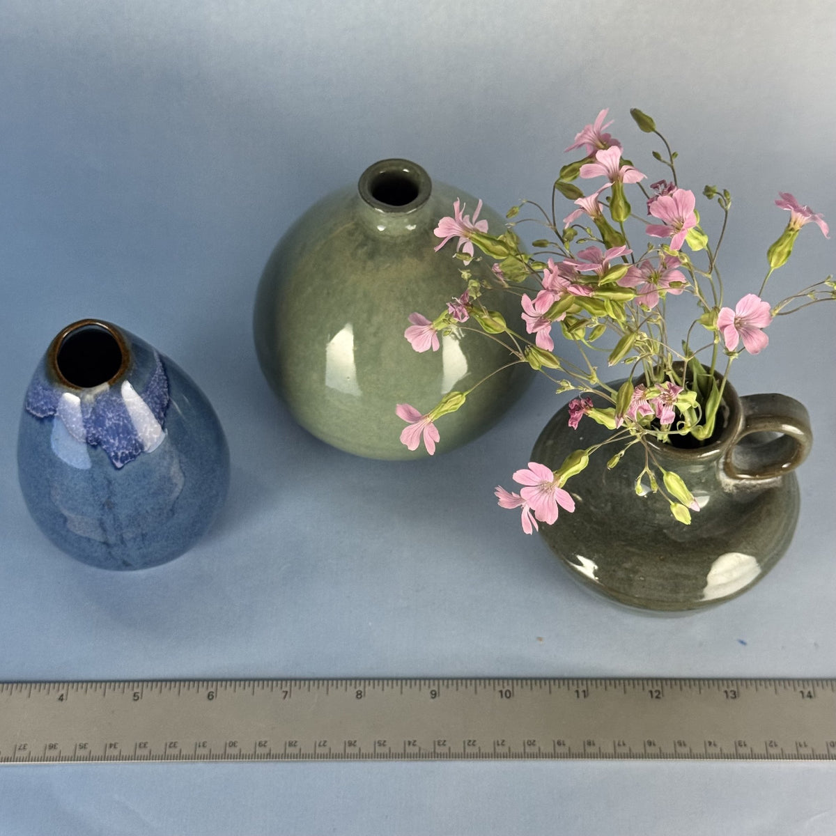 Trio of Mini Glazed Handmade Bud Vases in Blue and Green