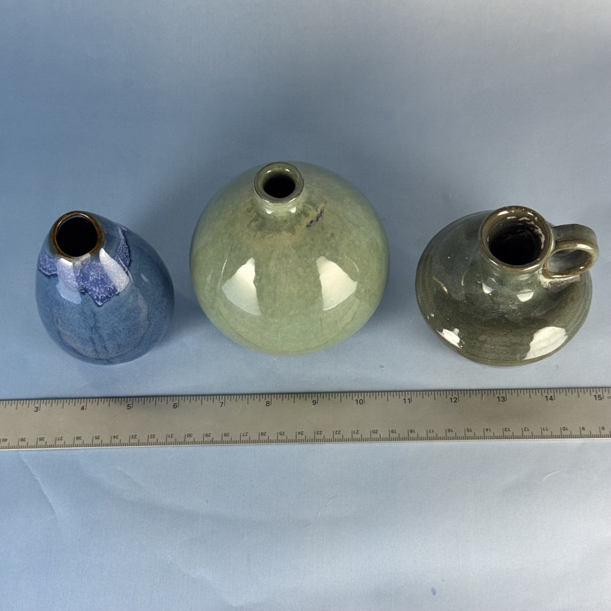 Trio of Mini Glazed Handmade Bud Vases in Blue and Green