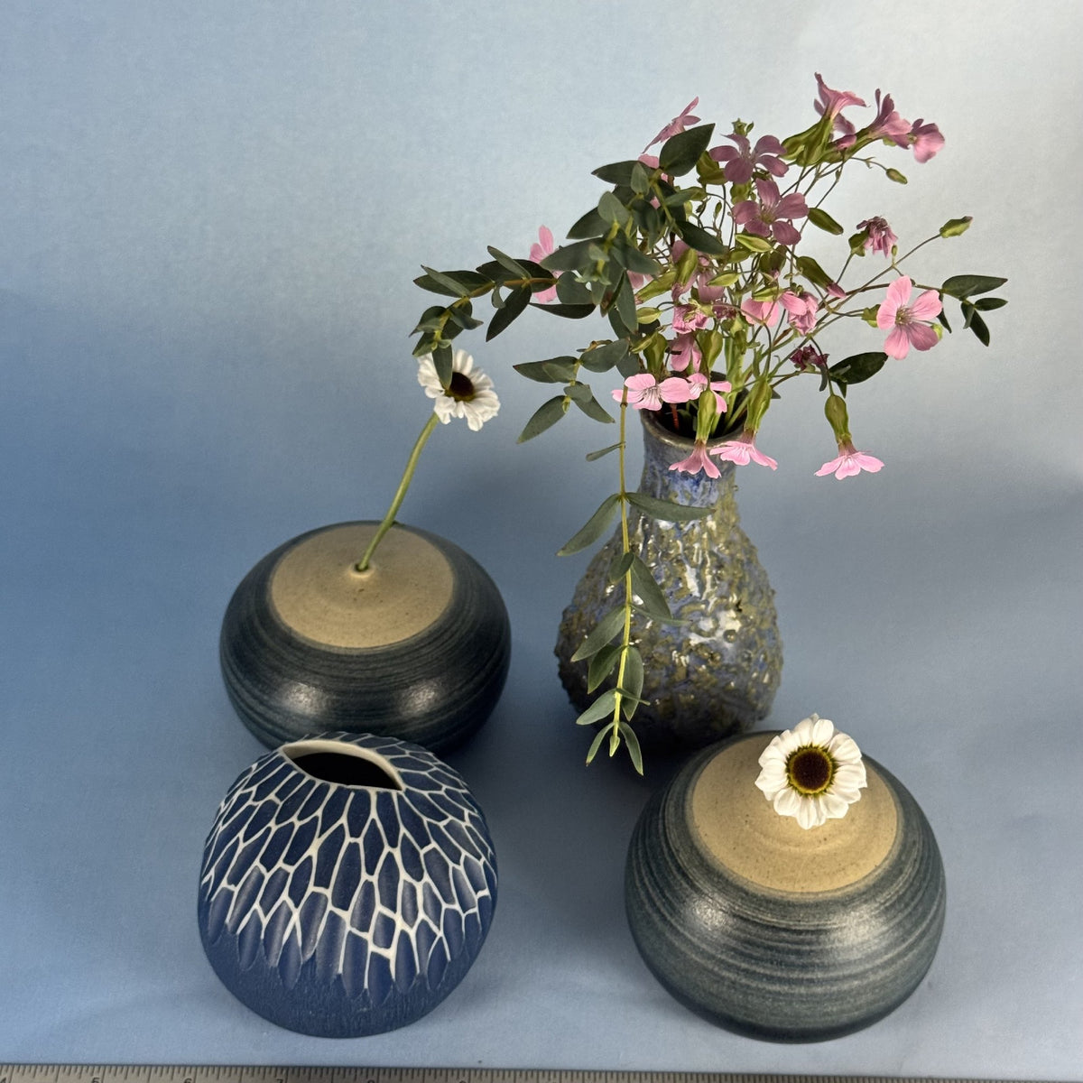 Four Unique Blue Handmade Bud Vases