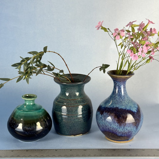 Trio of Mini Glazed Handmade Bud Vases in Blue and Green Brown